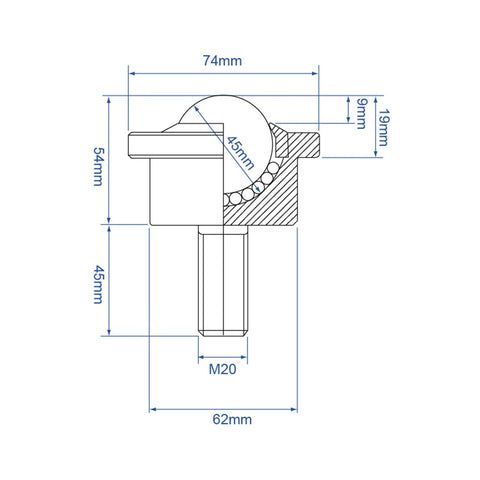 Technical diagram of Heavy Duty Roller Ball Transfer Bearing Caster with M20 Screw Ball Transfer Unit showing dimensions.
