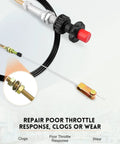 Heavy Duty Vernier Locking Throttle Cable for PTO and dump systems, featuring a 10 ft stainless core and 2 in knob head with repair guide.