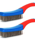 Two heavy duty wire brushes for cleaning with dense steel bristles and non-slip red handles, ideal for rust removal and home kitchen use.