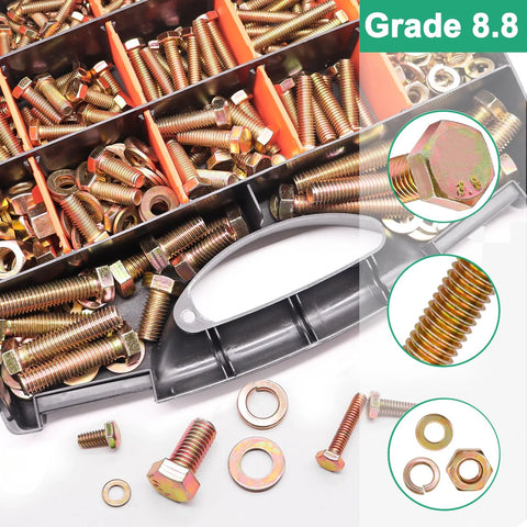 Hex Head Nuts and Bolts Assortment Kit Grade 8.8 With Gold Zinc Plating and Washers, 808-Piece Set