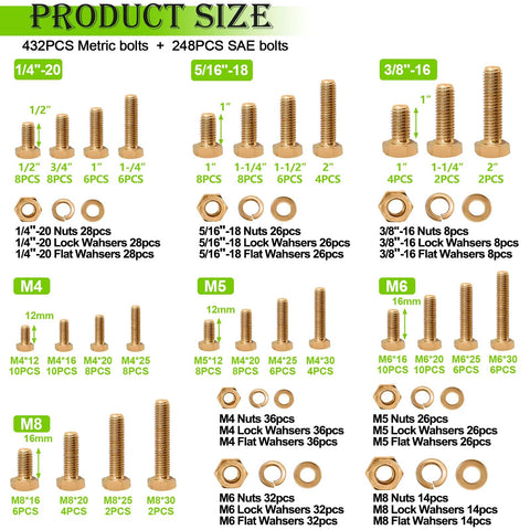 Image showing Metric And SAE Hex Bolts And Nuts Assortment Kit 680 Pieces Grade 8.8 with sizes M4 to 3/8-16 and gold zinc plating.