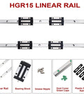 600mm Linear Rail HGR15 Set with 2 Rails and 4 HGH15CA Carriage Slider Blocks CNC Linear Guide Kit components on display.