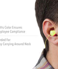 Person wearing Laser Lite High Visibility Corded Disposable Foam Earplugs 100 Pairs Pink And Yellow For Distinctive Visual Safety NRR 32