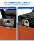 Close-up of HKTE Air Hydraulic Pump showing output oil hole and air connection for easy hookup, pedal-activated, high-pressure.