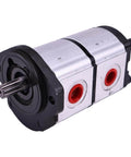 HOLDWELL 10T Hydraulic Gear Pump 67051095 67051100 compatible with Casappa PLP20.7, front view, aluminum casing, red inlets
