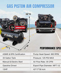 Front view of HPDMC 13HP Gas Powered Air Compressor, 3-Cylinder, 30 Gallon Horizontal Tank, Piston Pump Air Compressed System (125 PSI @ 44 CFM).