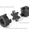 Durable L-Jaw 3/4 to 1 Inch Coupling Set with Buna N Rubber Spider, HT250 steel, 3-piece design, 3/4 and 1 inch bores for heavy machinery torque transfer.