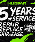 Huepar 5 years of service warranty with repair, replace, and shipping options highlighted on green and black background