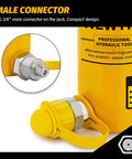 Close-up of ZG 3/8” male connector on hydraulic cylinder jack, showing compact design and detailed view of connector area.