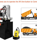 4 Wire Dump Trailer Remote Control Switch For 12V DC Hydraulic Pump Lift Winch And Dump Bed No Fuss Install Budget Friendly Reliable Remote System For Fast Lifts And Safe Dumps, featuring a yellow remote with cord and hydraulic pump.
