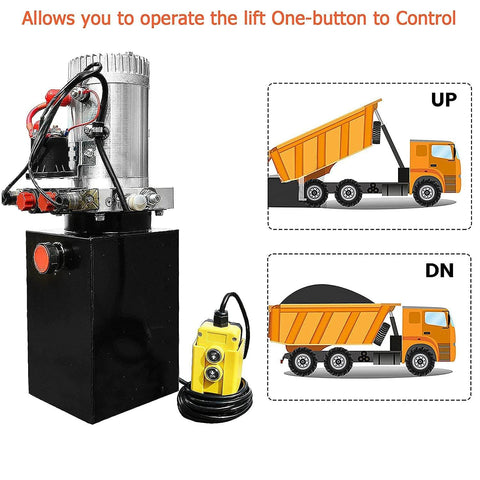 4 Wire Dump Trailer Remote Control Switch For 12V DC Hydraulic Pump Lift Winch And Dump Bed No Fuss Install Budget Friendly Reliable Remote System For Fast Lifts And Safe Dumps, featuring a yellow remote with cord and hydraulic pump.