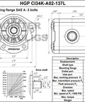 Hydraulic Gear Pump 3-17 GPM Straight 3/4" Keyed Shaft, Aluminum Hydraulic Oil Gear Pump CID 1.37, Hydraulic Fluid Gear Pump SAE A-2 Bolts CCW Cast Iron Flange details and specifications diagram.