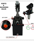 Magister Hydraulics Single Acting Hydraulic Hand Pump with 1 QTs Tank and 3/8" NPT Ports, featuring knob and valve details.