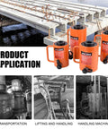 ✝️ 20T Hydraulic Cylinder Jack Hollow Single Acting Hydraulic Ram Cylinder, shown in lifting and handling applications, with images of transportation and machinery handling.