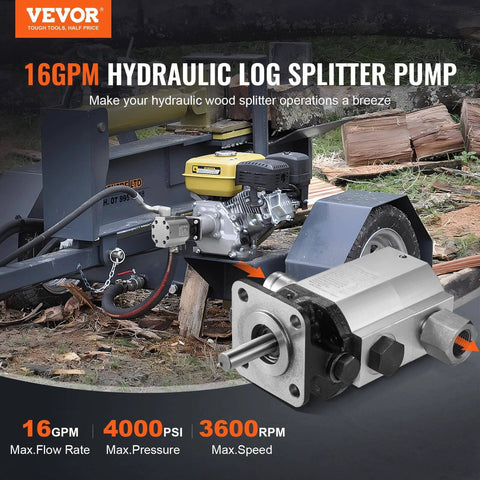 Hydraulic Wood Log Splitter Pump, 16GPM, 2 Stage 4000PSI, 1'' Inlet 1/2'' NPT Outlet 3600 RPM Aluminum Hydraulic Gear Pump displayed.