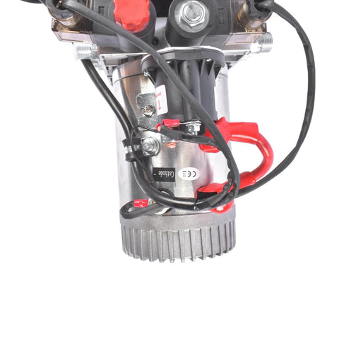 Close-up view of 3200 PSI Hydraulic Power Unit, 12V DC Double Acting Hydraulic Pump with metal oil reservoir and fittings.