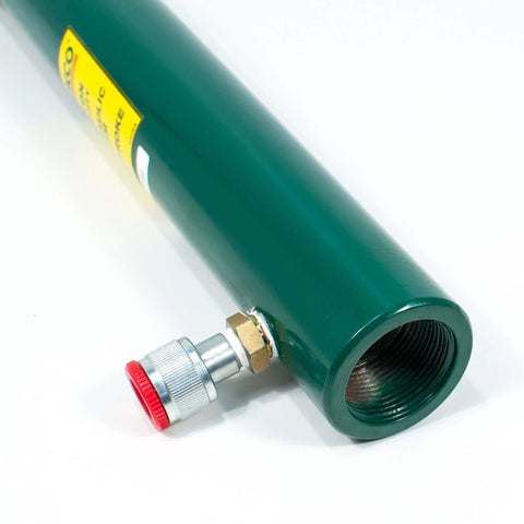 Close-up of 10 Ton Capacity 10" Stroke Hydraulic Ram showing fitting for shop use, repair, and equipment builds.