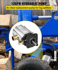 Bestauto Hydraulic Wood Splitter Pump 3000 PSI 2 Stage Log Splitter Pump 13 GPM shown installed on blue log splitter next to wood.