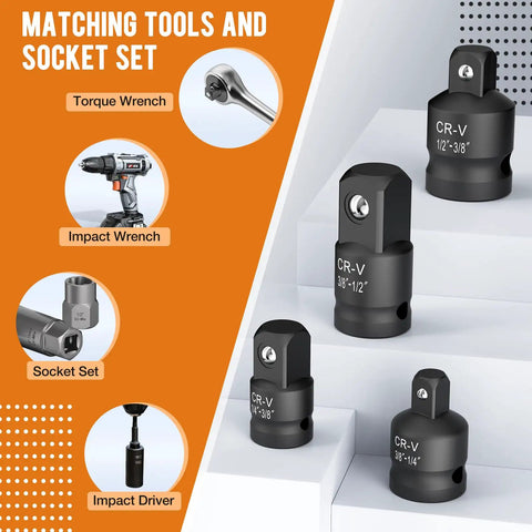 Two Piece Impact Socket Adapter And Reducer Set From One Half Inch To Three Eighths Inch And From Three Eighths Inch To One Half Inch For Breaker Bar Wrench Conversion And Everyday Mechanic Tools displayed with application examples including torque wrench and impact wrench.