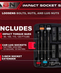 1/2in Drive Impact Socket Set Metric 17-22mm SAE 3/4-15/16in 9pc Lug Nut Torque Stick Extension Limiter 90-120 ft/lb in case