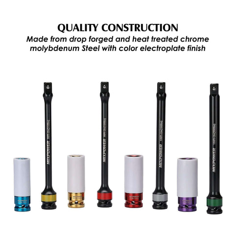 1/2-inch Drive Wheel Protector Impact Socket & 8 inch Coded Torque Limiting Socket Extension Bar 8pcs Tire Deep Socket Set, color-coded