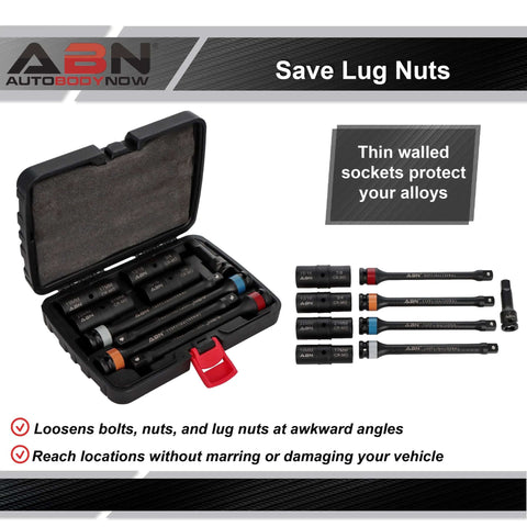 Open case with ABN 1/2in Drive Impact Socket Set Metric 17-22mm SAE 3/4-15/16in 9pc Lug Nut Torque Stick Extension Limiter 90-120 ft/lb