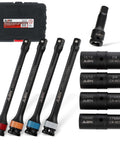 1/2in Drive Impact Socket Set Metric 17-22mm SAE 3/4-15/16in 9pc Lug Nut Torque Stick Extension Limiter 90-120 ft/lb with case