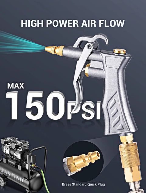 Industrial Air Blow Gun with Brass Adjustable Air Flow Nozzle and 2 Steel Extension, highlighting PSI capacity and flow nozzle