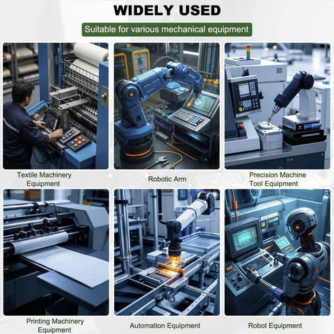 Collage of industrial machinery applications, including textile, robotic arms, precision tools, printing, automation, and robot equipment.