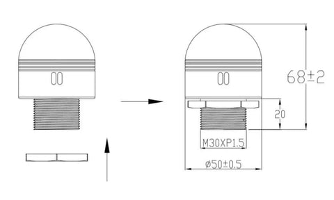 Technical drawing of Industrial Three Stack USB LED Andon Tower Light with Buzzer showing dimensions and threading details
