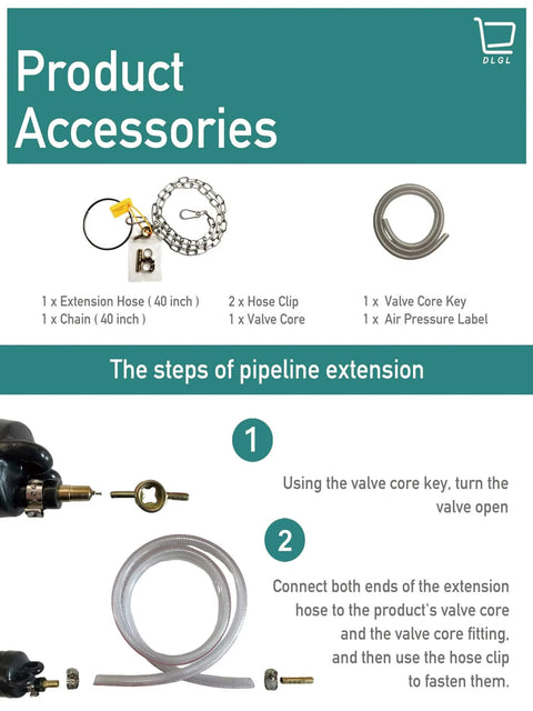 Illustration showing accessories for Inflatable Pipe Plug Airbag For Drainage And Sewer Pipes With Valve Core Key 40 Inch Extension Hose And Two Hose Clips For Immediate Use Ideal For Pipe Repair Closed Water Testing And Temporary Blocking Four Inch.