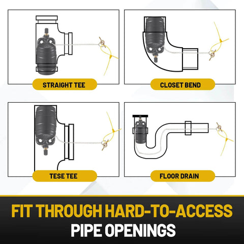 Diagrams showing Two Piece 2 Inch Inflatable Pipe Ball Plugs for Pressure Test in various pipe fittings.