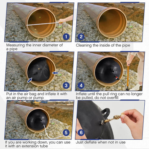 Inflatable Pipe Plug for Sewer Test and Pipeline Inspection 4 Inch Thick Natural Rubber Plumbing Ball with 1 Meter Plastic Extension Hose usage steps.