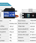 Specifications of 35KG Brushless Waterproof High Voltage Servo Motor High Torque Digital Servo for RC Car Model with dimensions.