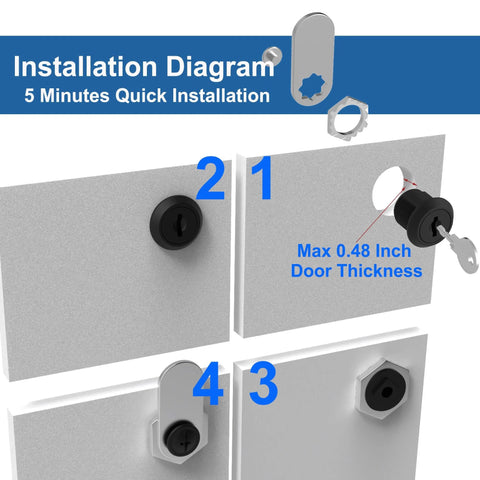 Installation diagram for Three Pack Cabinet Locks With Keys One And One Eighth Inch Cam Locks Alike For Cabinets Drawers Doors RV Storage And Mailbox Zinc Alloy Security Lock Set For Tool Boxes And Storage Units