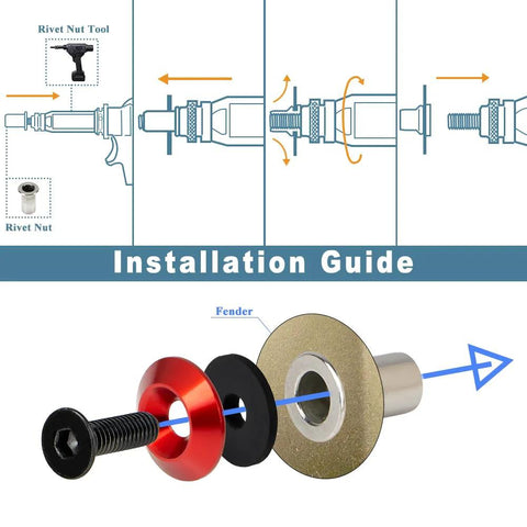 Installation guide for 24 Piece M6 18mm Anodized Aluminum Tapered Washer Kit for Widebody Flares with visual components.