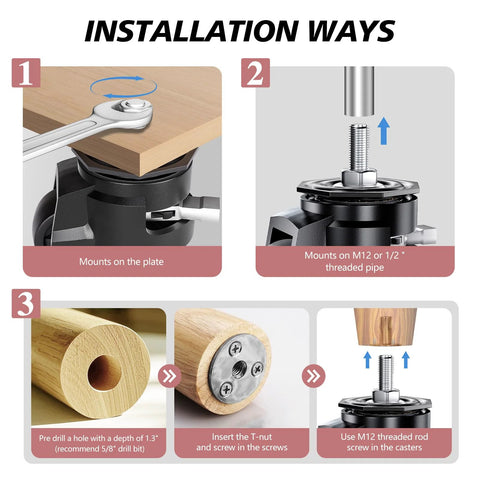Installation steps for Leveling Casters Set Of 4 For Workbenches, Heavy Duty Stem Caster Wheels With T Nuts, Adjustable Retractable Swivel Industrial Castors With Ratchet Handle, Load Capacity 2200 Lbs, Stem Size Half Inch And M12 showing pipe mounting and T-nut insertion