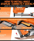 Image showing how to install nails and staples in a Cordless 18 Gauge Brad Nailer and Stapler in a 2 in 1 kit with guide instructions.