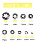 Internal Tooth Lock Washers Set 9 Sizes M2 To M12, 260 Pcs Black 65Mn Steel showing size and quantity distribution.