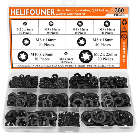 Internal Tooth Star Lock Washers Set 360 Pieces In 9 Sizes Assortment Kit, open box showing various sizes from M2 to M12