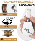 Close-up of 16 Pack Single Pulley Block Wheel 4" Heavy Duty Zinc Plated Iron 360 Degree Swivel Pulley Roller with hand scale
