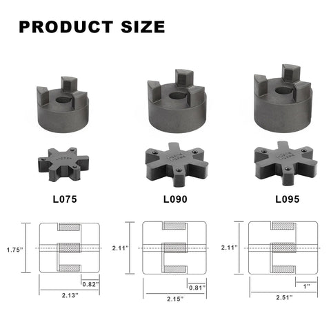 Product size chart showing three couplings L075, L090, and L095 with dimensions and drawings.