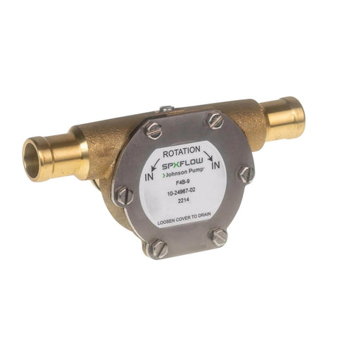 Side view of Johnson Pump 10-24967-02 F4B-9 Impeller Pump, showing brass housing and connection points for marine engine cooling.