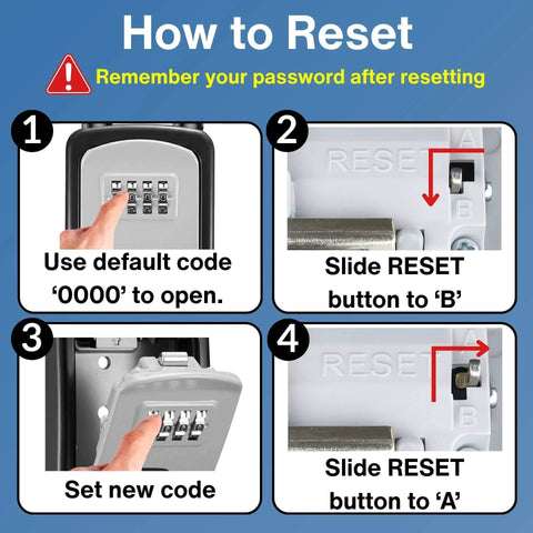 Instructions to reset 4-digit combination of Key Lock Box For Outdoor Use With Four Digit Combination Realtor Lockbox For Keys On Gates And Doors