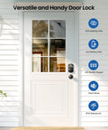 White exterior door with Keyless Entry Door Lock With Two Knobs And Electronic Backlit Keypad Deadbolt Auto Lock Up To 20 User Codes.