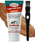 Keze Copper Anti Seize Thread Lubricant Grease Antiseize Compound Lubrication for Automotive Spark Plug Bolts and Nuts Prevent Rust and Corrosion High Temp Resistant 1 Oz-1 Pack, shown with application brush and copper grease smear.