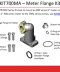 Diagram of KIT700MA Meter Flange Kit components for FR700V Pumps and 800 Series ¾″ Meters with bolts and O-rings.
