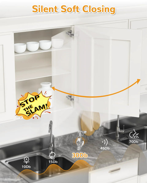Soft Close Kitchen Corner Hinges for Face Frame Cabinets showing silent operation and stop-the-slam feature above a sink.