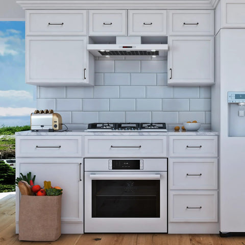 Modern kitchen with white cabinets featuring oil rubbed bronze cabinet pulls 5 inch hole center zinc alloy vintage style handles.