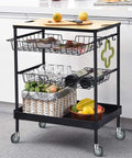 Kitchen cart with wire baskets and cutting board on top, standing on 5 Inch Stem Casters For Wire Shelving Heavy Duty Swivel Wheels With Brakes Set Of 4 350 Lb Per Caster And 1400 Lb Total Capacity Thermoplastic Rubber Wheels Easy Installation Scaffold Wheel Replacement.